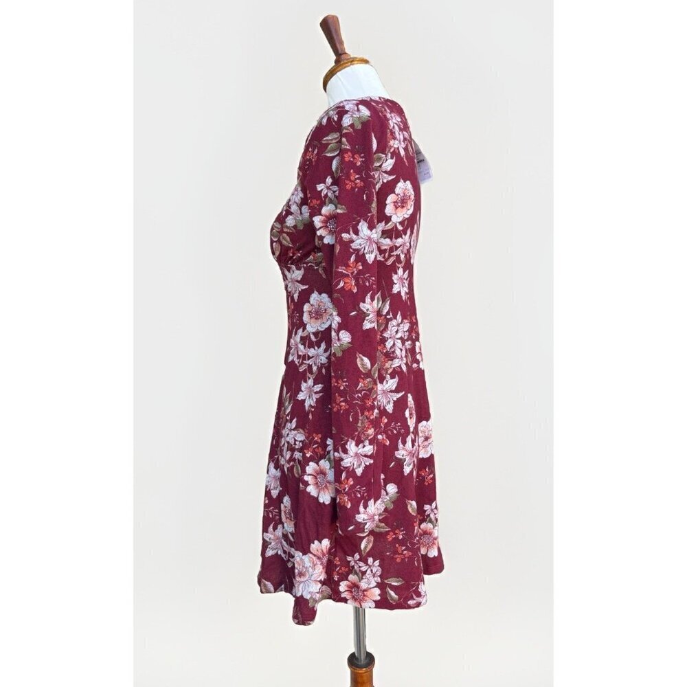 PLANET GOLD Women's Red Zinfandel Floral Long Sleeve Dress Size M Crisscross V-N - Picture 12 of 14